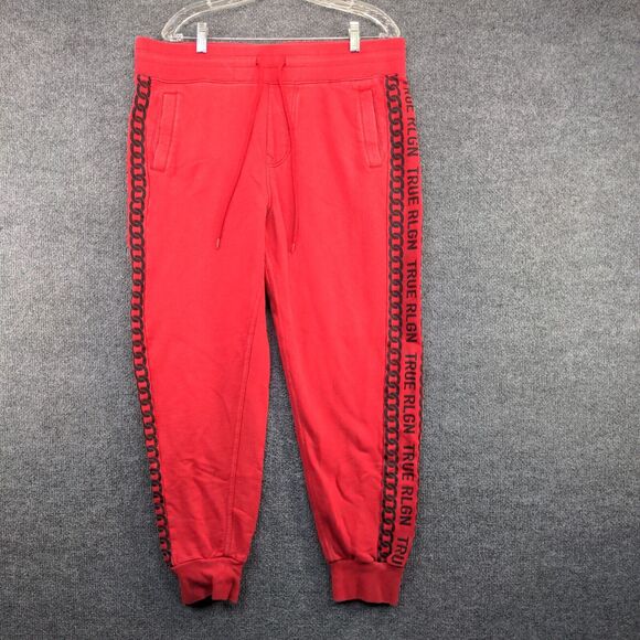 True Religion Mens Jogger Pants Large Red Drawstring Waist Tapered Leg Cotton - Picture 2 of 12